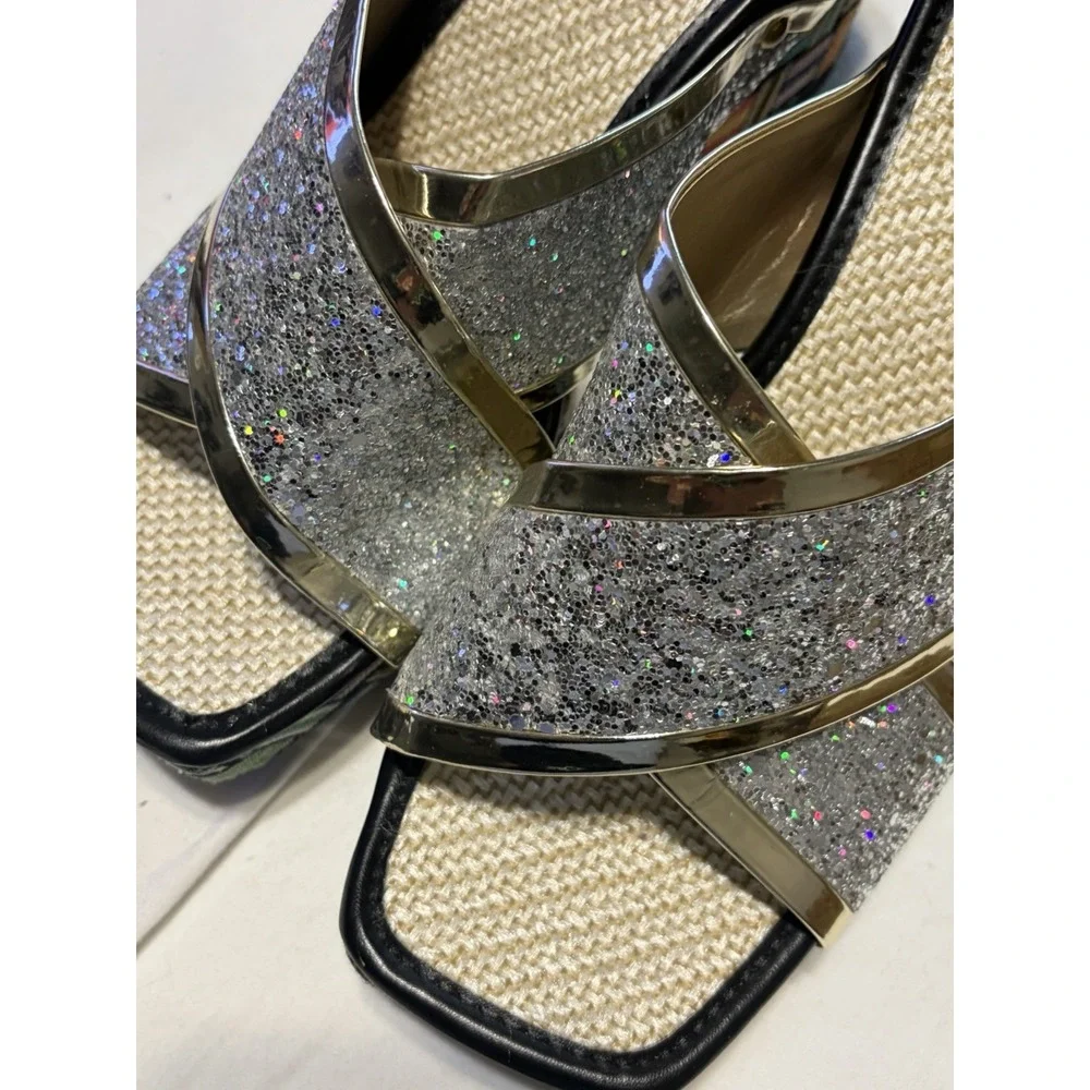 Glitter Slide Sandals Geometric Multicolor Silver Block Heel Straps Women's 7